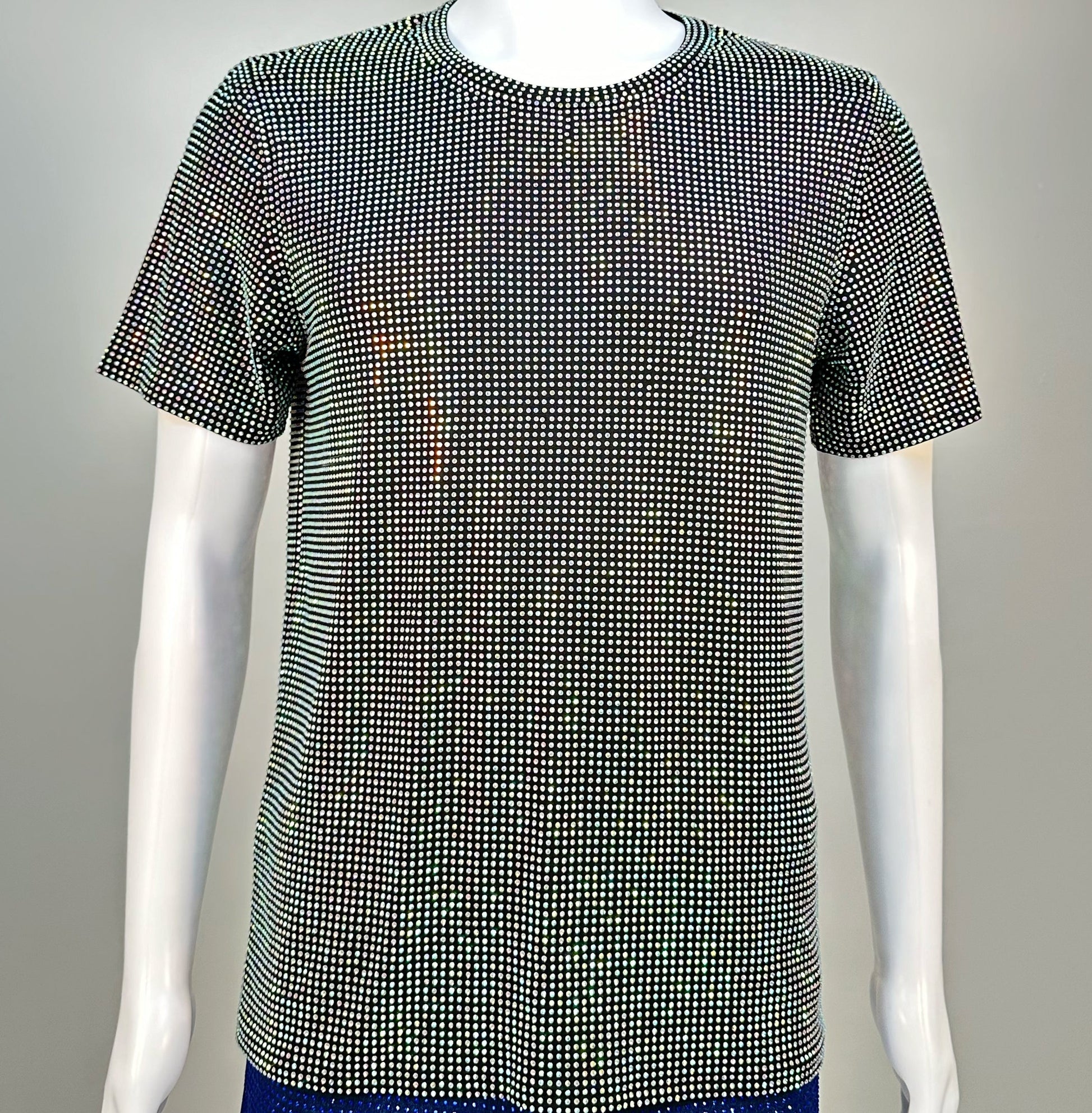 Photo of a sparkling Clear AB Crystals on Black Fabric T-shirt featuring thousands of crystal rhinestones.