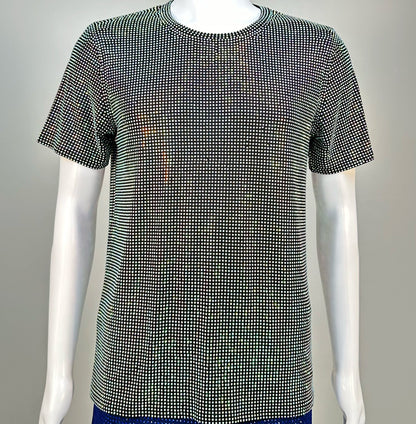 Photo of a sparkling Clear AB Crystals on Black Fabric T-shirt featuring thousands of crystal rhinestones.