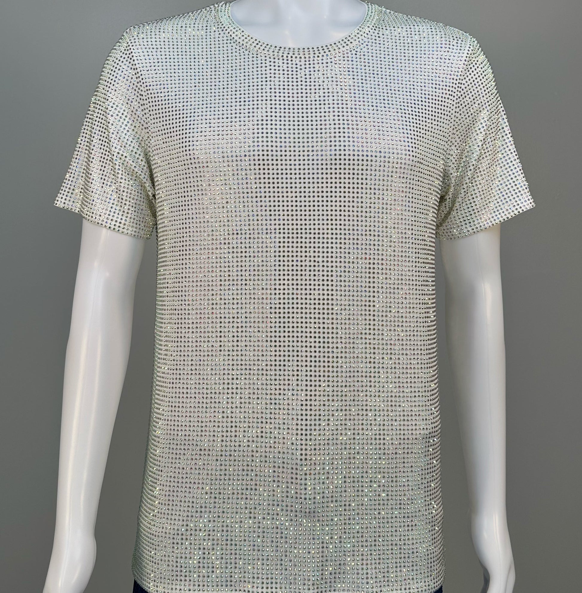 Photo of a sparkling Clear AB Crystals on White Fabric T-shirt featuring thousands of crystal rhinestones.