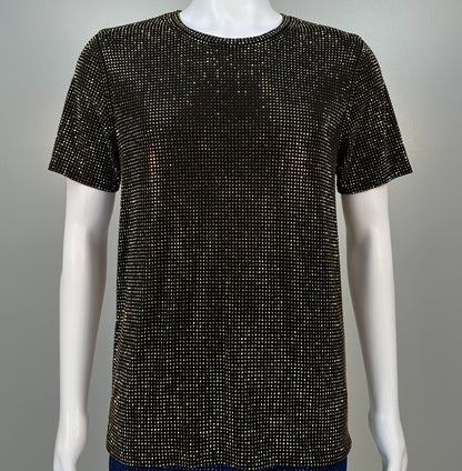 Photo of a sparkling Gold Aurum Crystals on Black Fabric T-shirt featuring thousands of crystal rhinestones.