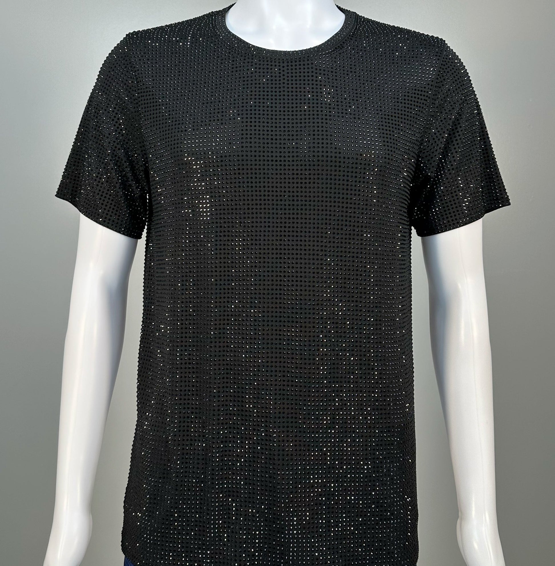 Photo of a sparkling Jet Black Crystals on Black Fabric T-shirt featuring thousands of crystal rhinestones.