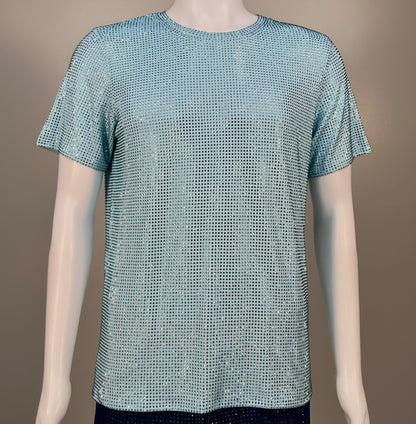 Photo of a sparkling Lt. Blue Crystals on Lt. blue Fabric T-shirt featuring thousands of crystal rhinestones.