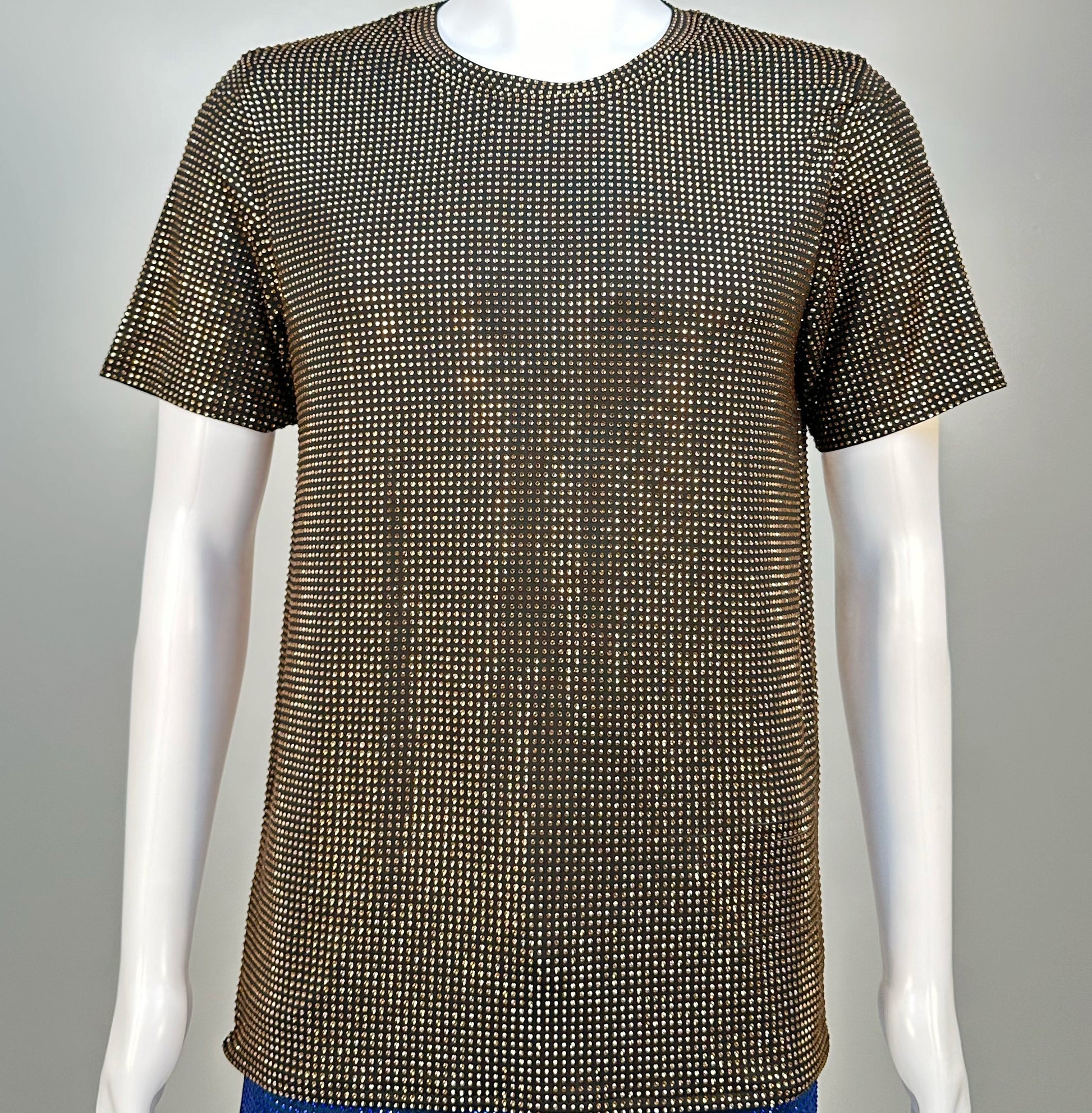 Photo of a sparkling Lt. Colorado Topaz Crystals on Black Fabric T-shirt featuring thousands of crystal rhinestones.
