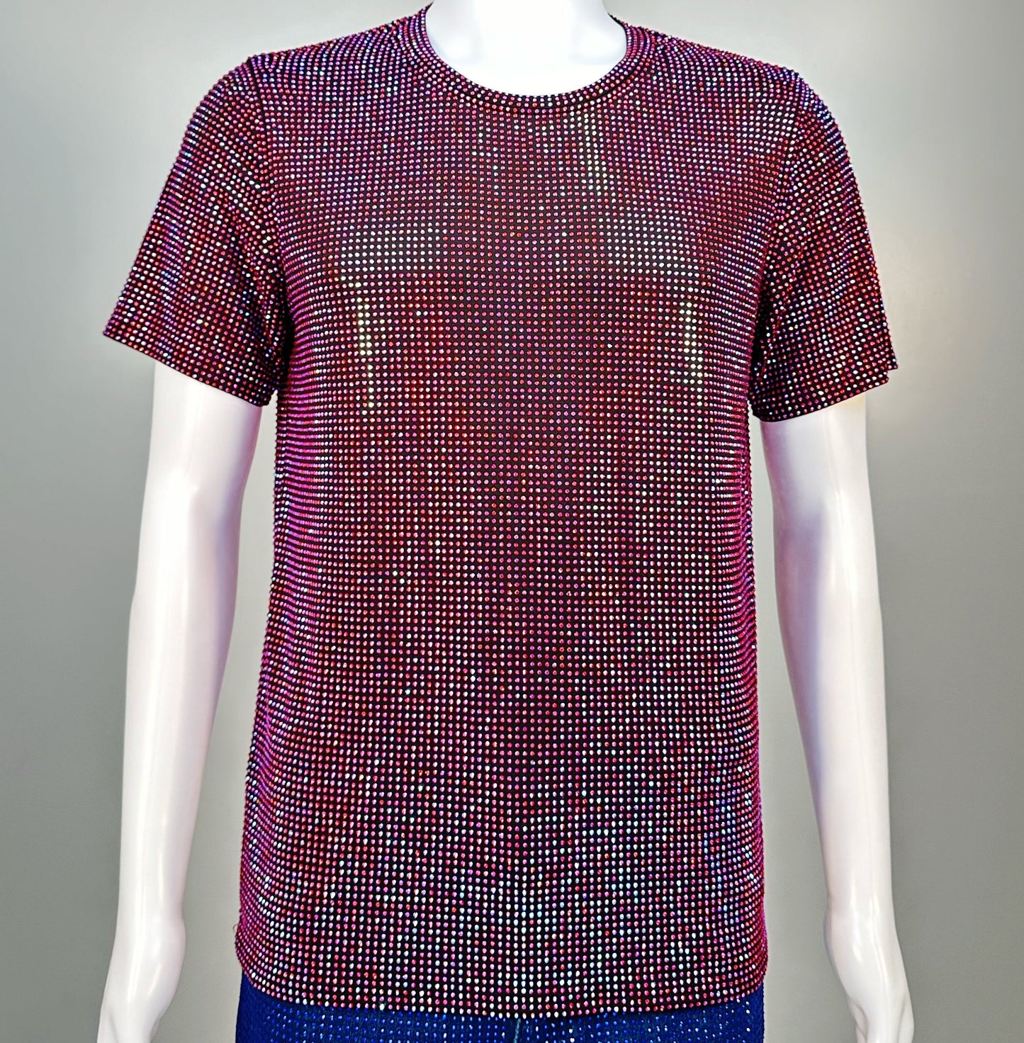 Photo of a sparkling Lt. Siam AB Crystals on Black Fabric T-shirt featuring thousands of crystal rhinestones.