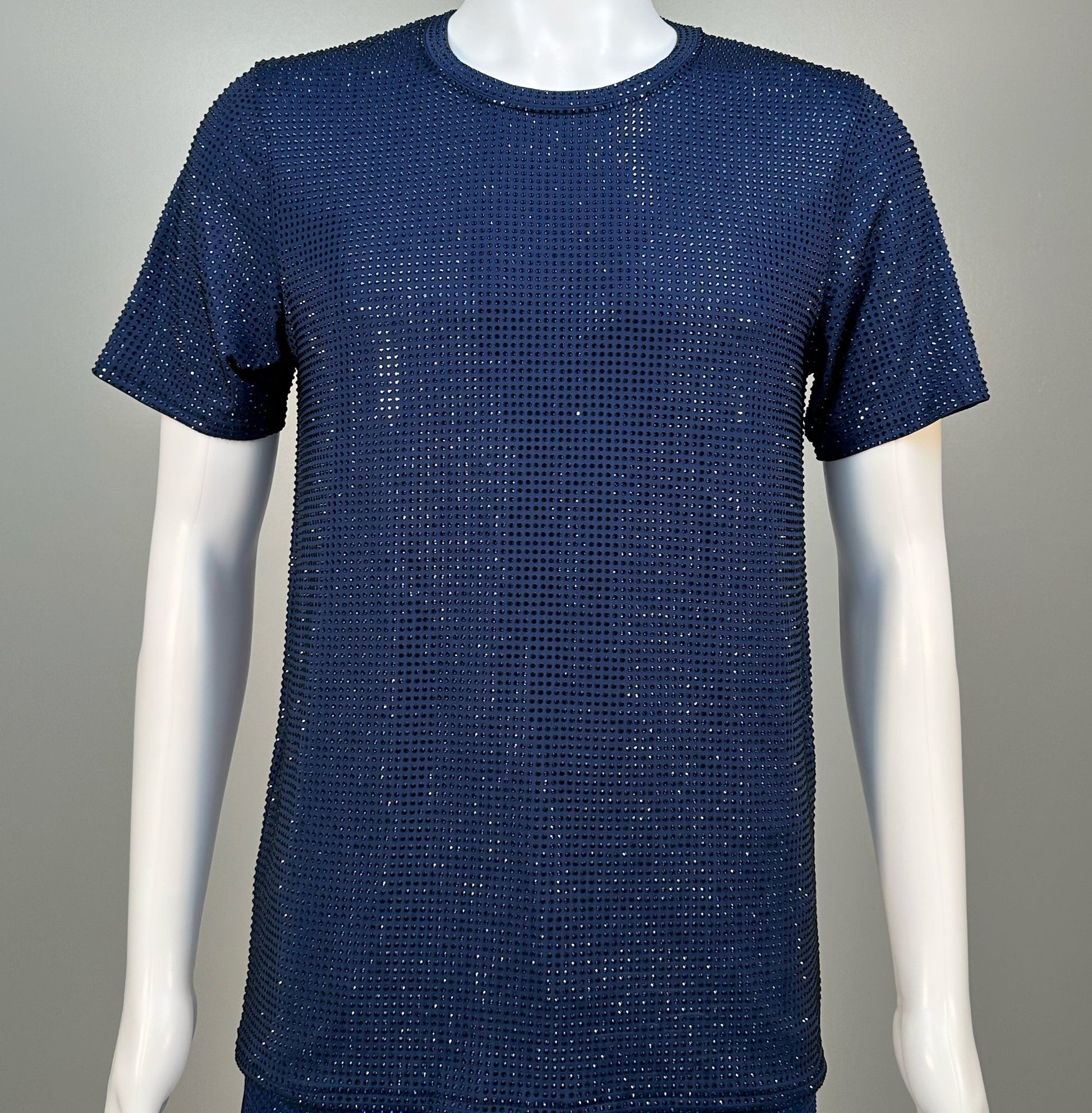 Photo of a sparkling Navy Crystals on Navy Fabric T-shirt featuring thousands of crystal rhinestones.