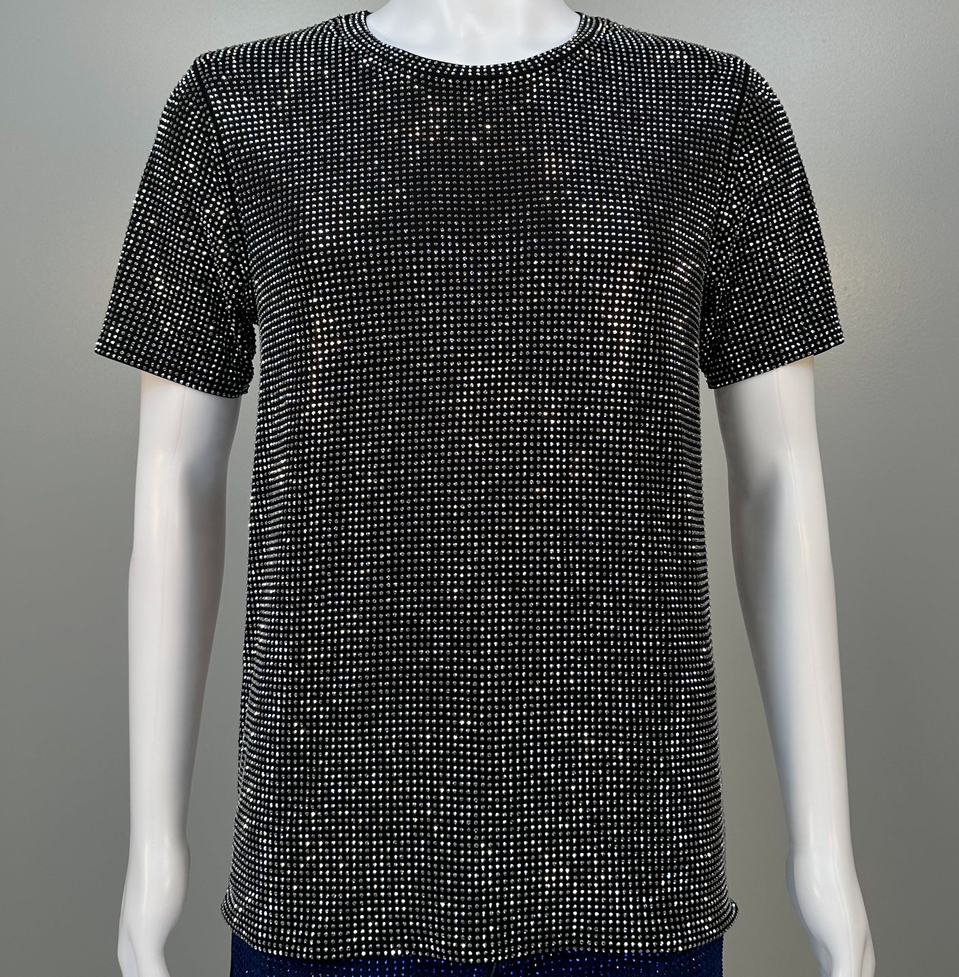 Photo of a sparkling Silver Crystals on Black Fabric T-shirt featuring thousands of crystal rhinestones.