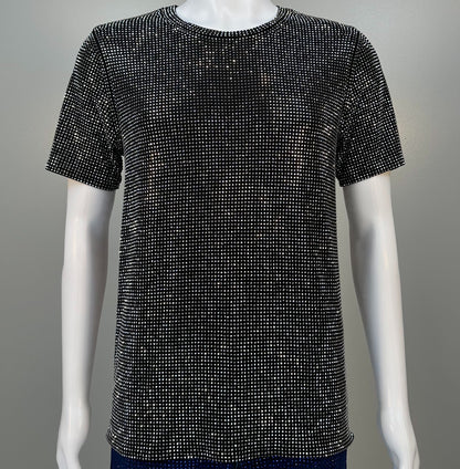 Photo of a sparkling Silver Crystals on Black Fabric T-shirt featuring thousands of crystal rhinestones.