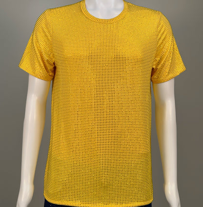 Photo of a sparkling Yellow Crystals on Yellow Fabric T-shirt featuring thousands of crystal rhinestones.