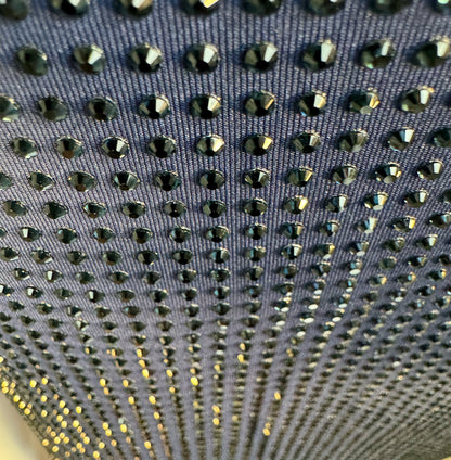 Looking down at Navy Crystals on Navy Fabric T-shirt showing a close up of the rhinestone grid pattern and the sparkles as your focus shifts.
