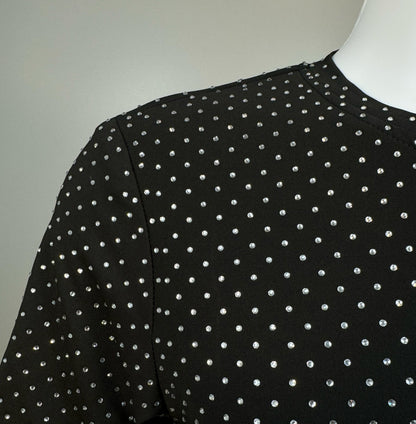 Shoulder detail of Clear Crystals on Black Fabric Dotted T-shirt revealing the impeccable construction of this complex garment.