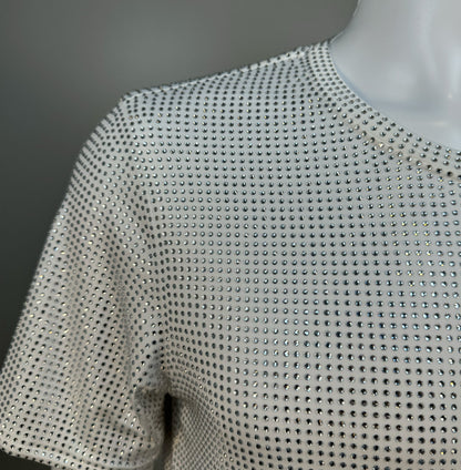 Shoulder detail of Clear Crystals on White Fabric T-shirt revealing the impeccable construction of this complex garment.
