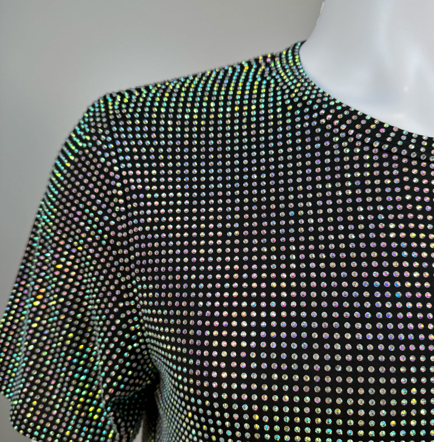 Shoulder detail of Clear AB Crystals on Black Fabric T-shirt revealing the impeccable construction of this complex garment.