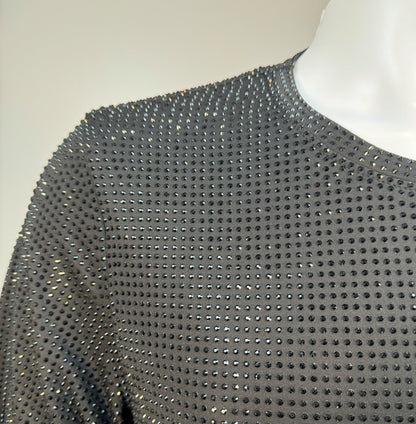 Shoulder detail of Jet Black Crystals on Black Fabric T-shirt revealing the impeccable construction of this complex garment.