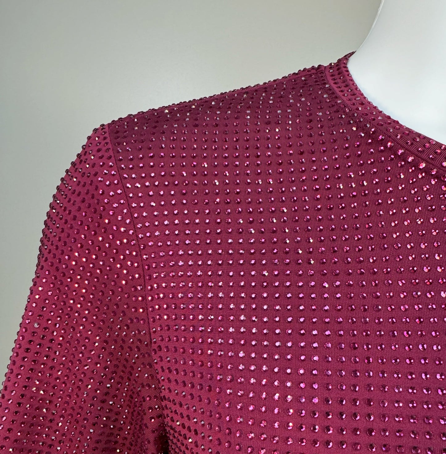 Shoulder detail of Purple Crystals on Purple Fabric T-shirt revealing the impeccable construction of this complex garment.