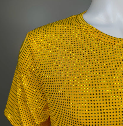 Shoulder detail of Yellow Crystals on Yellow Fabric T-shirt revealing the impeccable construction of this complex garment.
