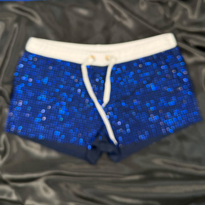 Blue Sapphire Crystal Rhinestone Swim Trunks on Navy Fabric – Handmade, Elegant