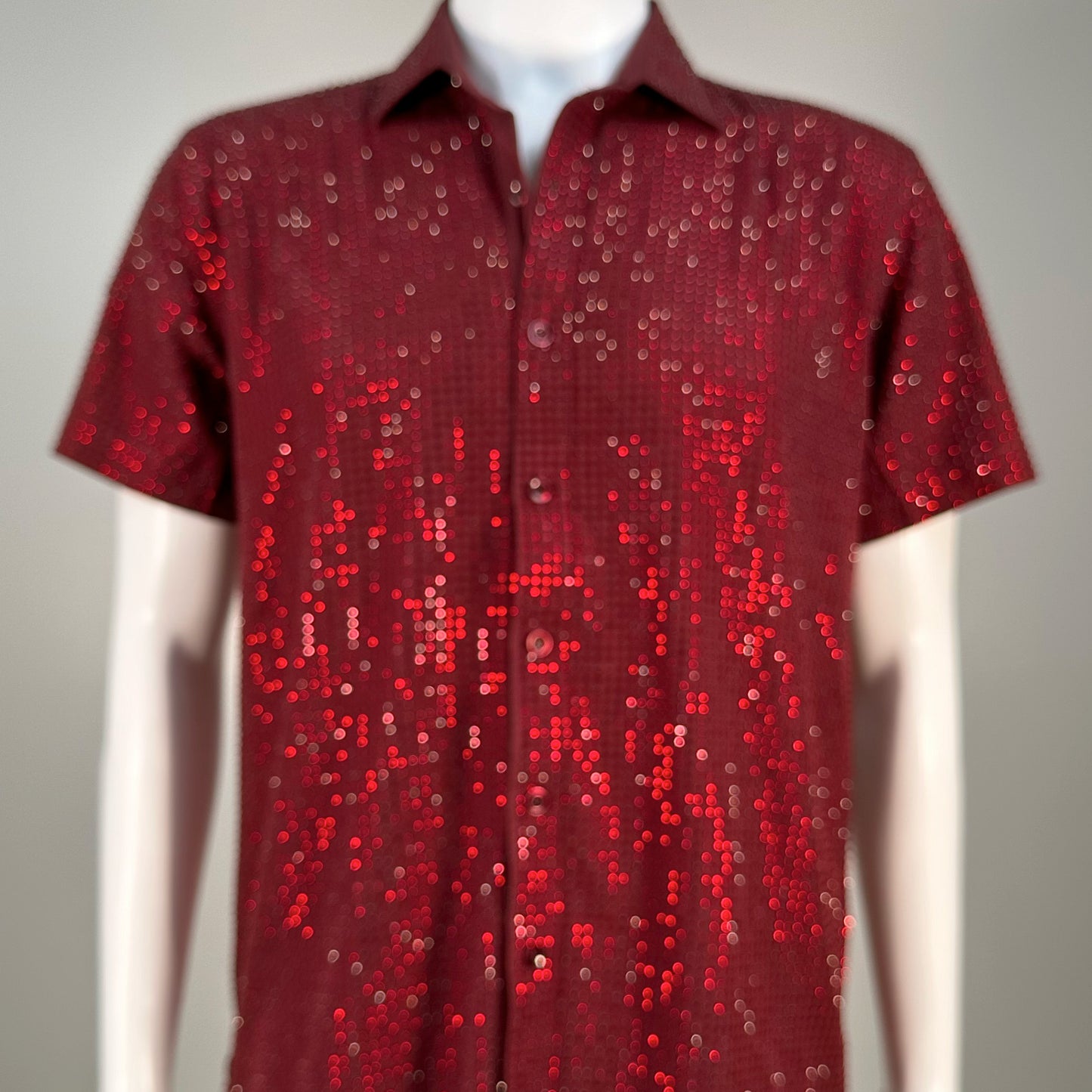 Red Siam Crystal Rhinestone Short Sleeve Dress Shirt on Dark Red Fabric – Handmade, Sophisticated