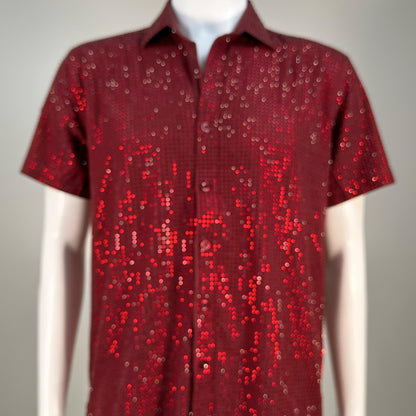 Red Siam Crystal Rhinestone Short Sleeve Dress Shirt on Dark Red Fabric – Handmade, Sophisticated