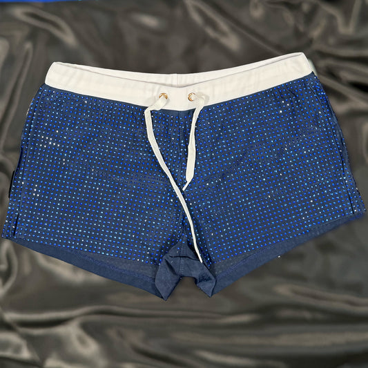 Blue Sapphire Crystal Rhinestone Swim Trunks on Navy Fabric – Handmade, Elegant