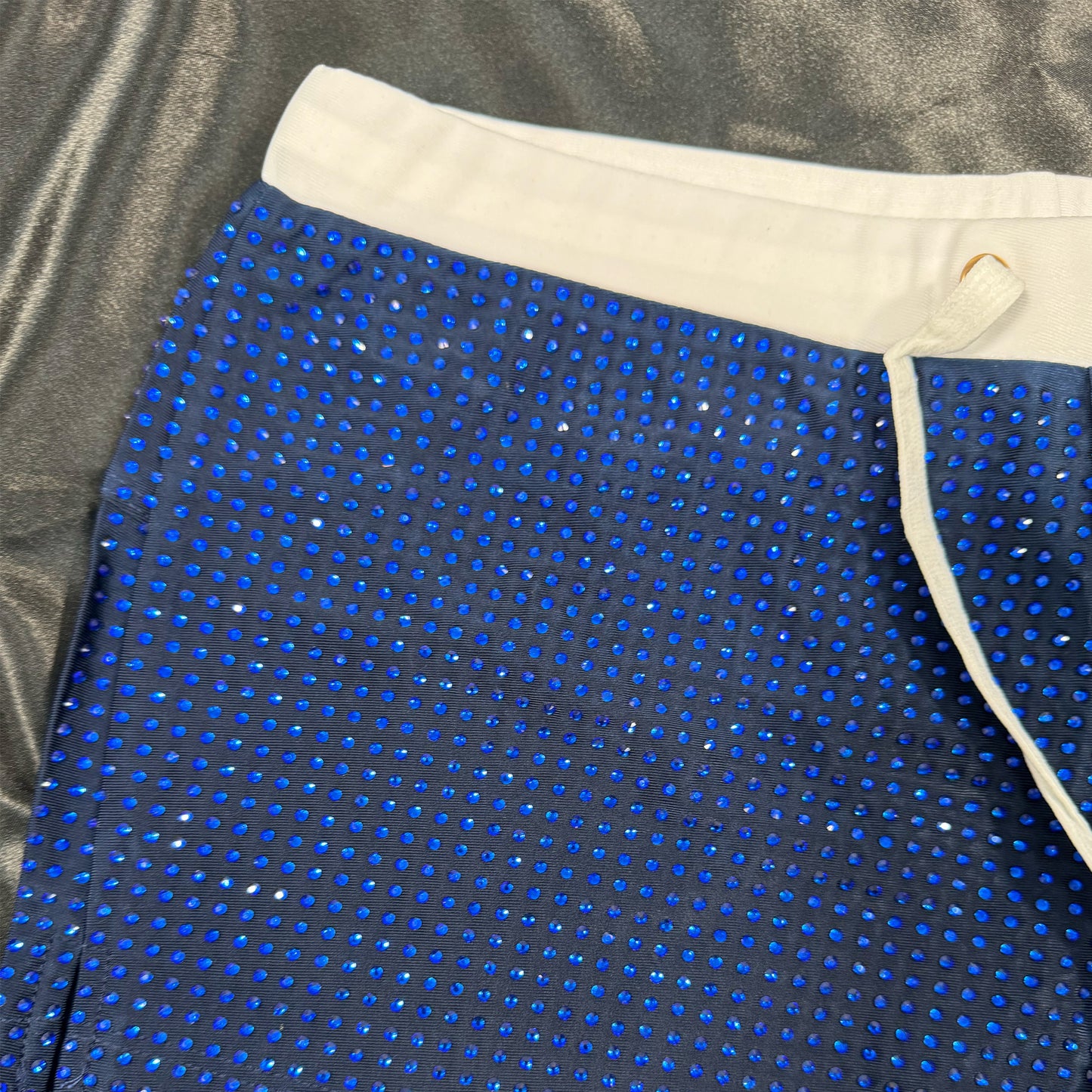 Blue Sapphire Crystal Rhinestone Swim Trunks on Navy Fabric – Handmade, Elegant