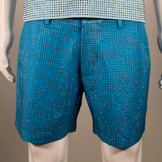 Clear Crystal Rhinestone Shorts on Light Blue Fabric – Handmade, Summer Elegance