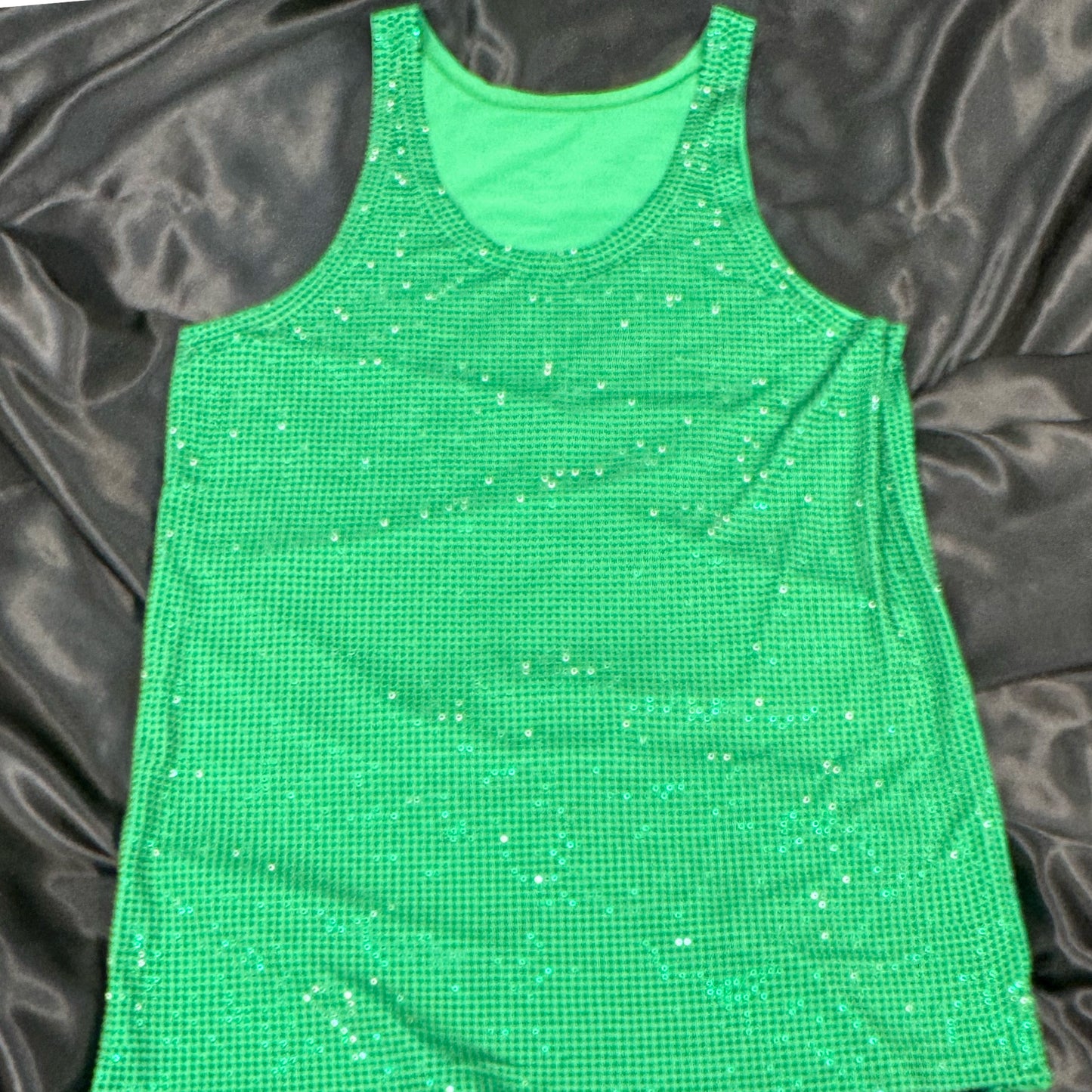 Green Emerald Crystal Rhinestone Tank Top on Green Fabric – Handmade, Luxe Summer Style