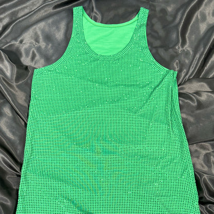 Green Emerald Crystal Rhinestone Tank Top on Green Fabric – Handmade, Luxe Summer Style