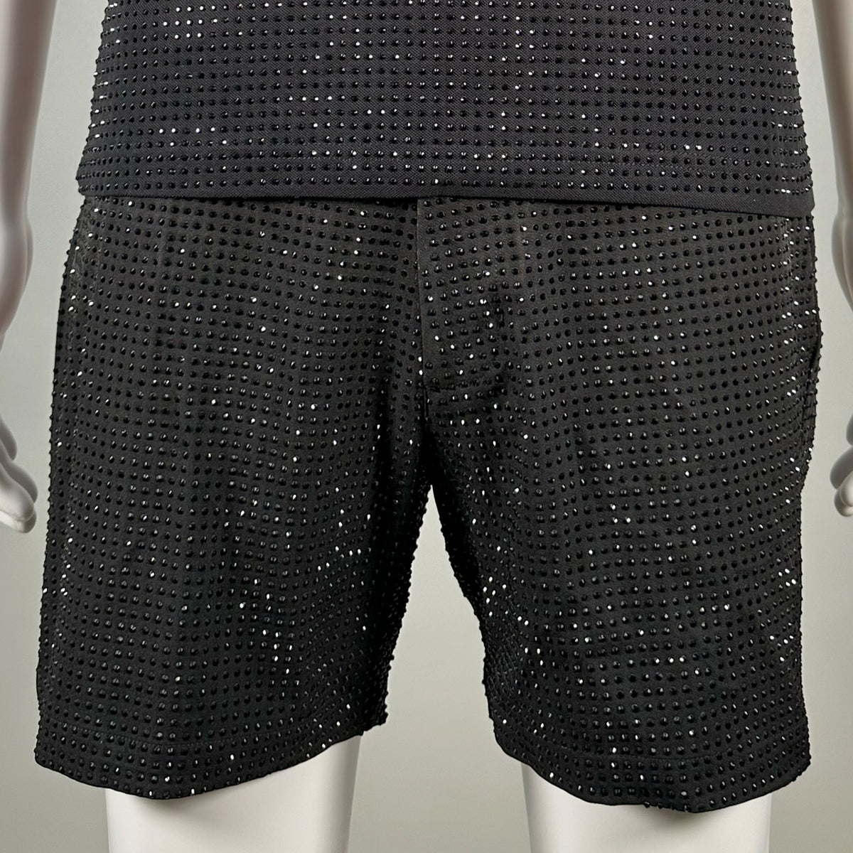 Jet Black Crystal Rhinestone Shorts on Black Fabric – Handmade, Elegant Summer Shine
