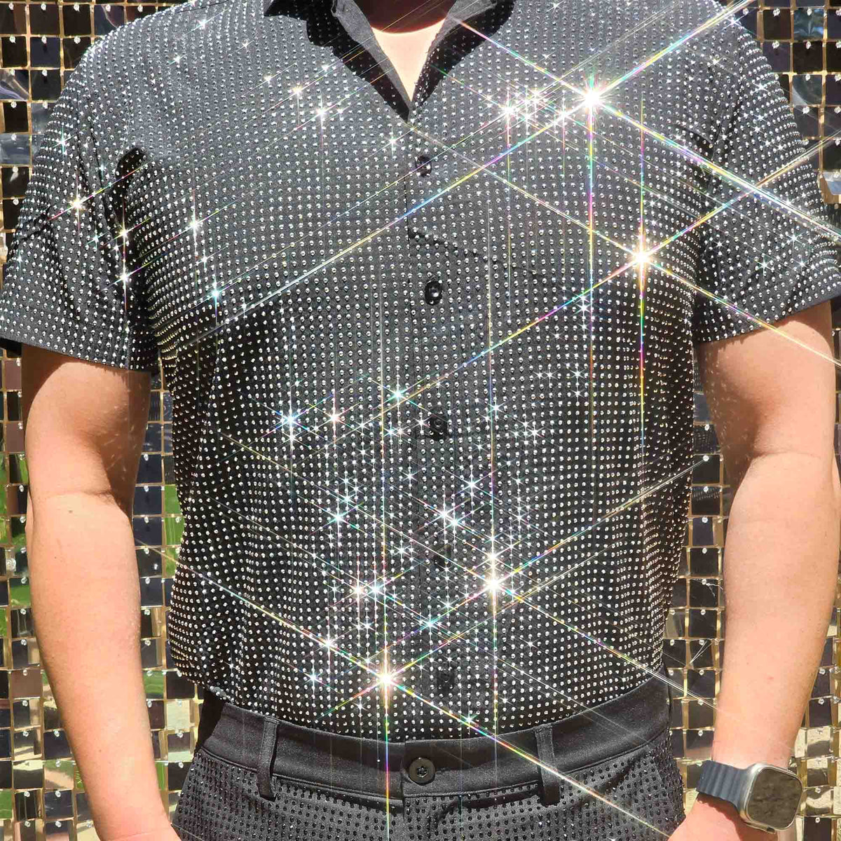 Silver Crystal Rhinestone Short Sleeve Dress Shirt on Black Fabric – Handmade, Sophisticated