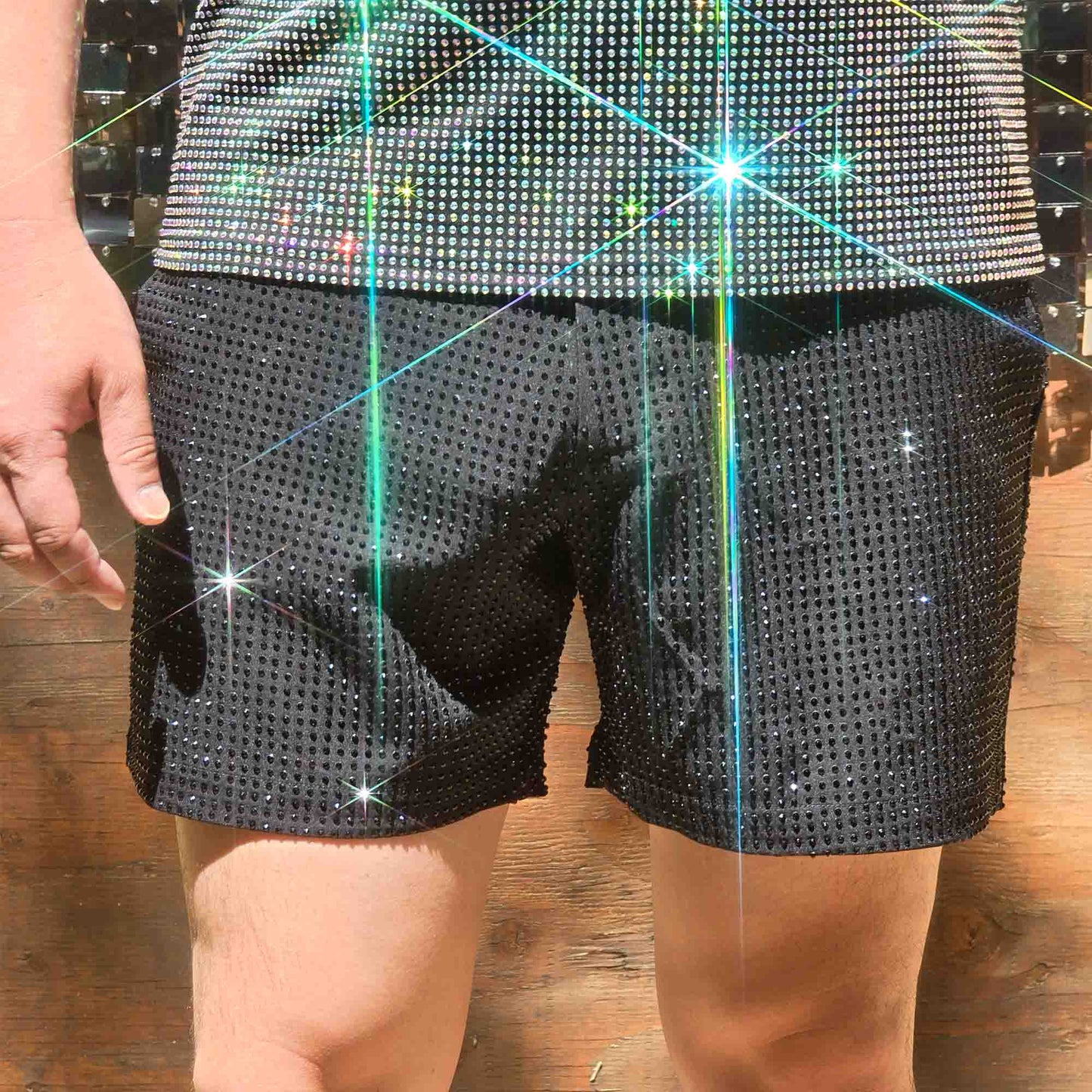 Jet Black Crystal Rhinestone Shorts on Black Fabric – Handmade, Elegant Summer Shine