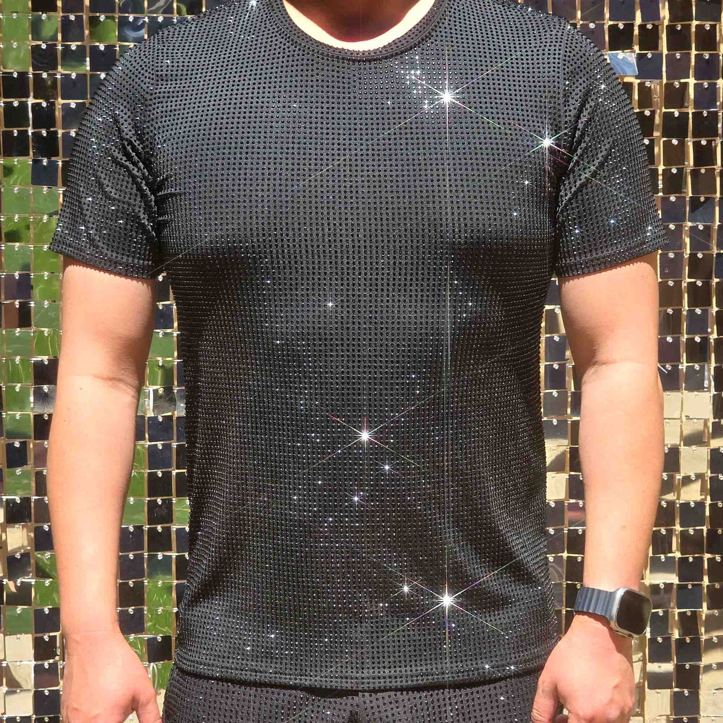 Jet Black Crystals on Black Fabric T-shirt