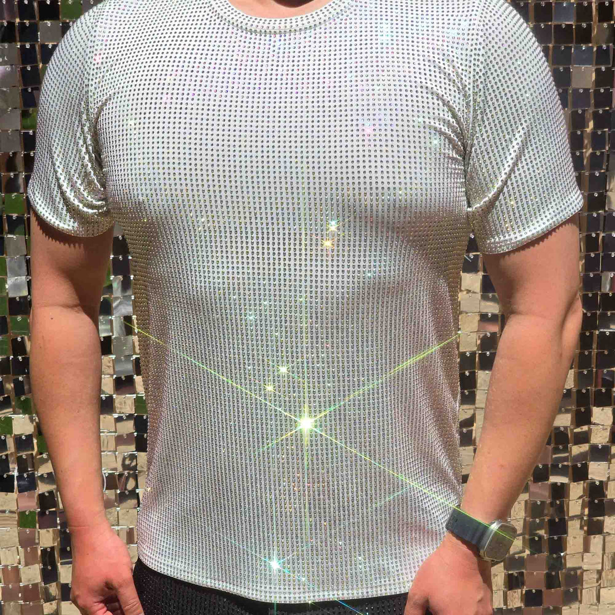 Clear AB Crystal Rhinestone T-shirt on White Fabric – Handmade, Elegant