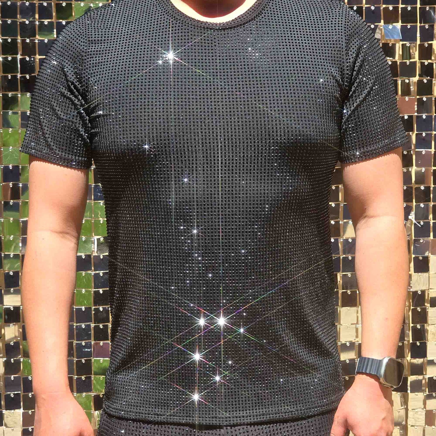 Jet Black Crystals on Black Fabric T-shirt