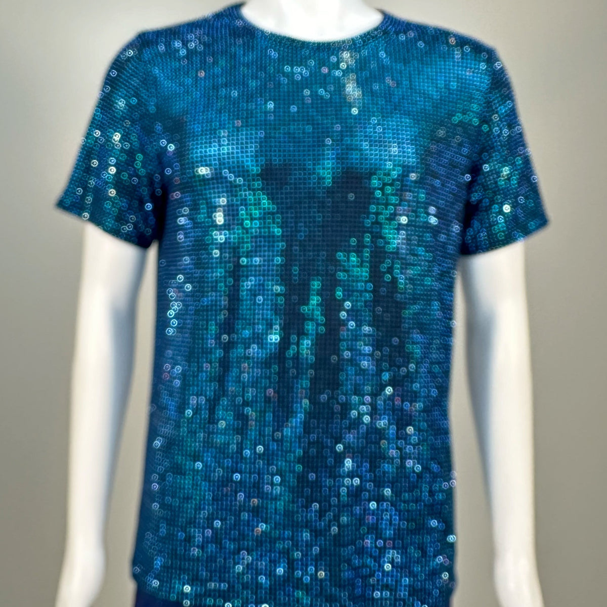 Capri Blue Crystal Rhinestone T-shirt on Navy Fabric – Handmade, Sophisticated
